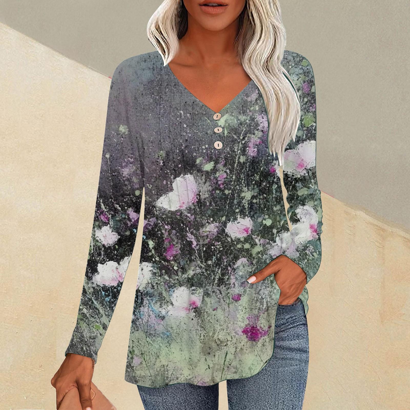 

Женская модная повседневная плиссированная футболка с V-образным вырезом и растительным принтом, длинный рукав L бежевый