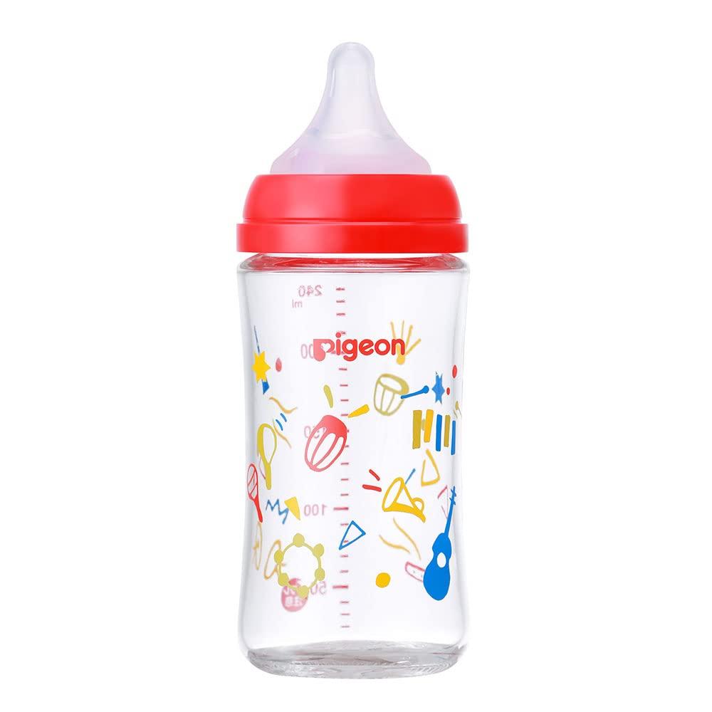 Pigeon Breastmilk Feeling Baby Bottle 240ml for 3 Months and Up Made of Glass That Cools Quickly Music and Hygienic Red Heat-resistant