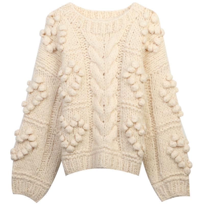 Handmade Chunky Cable Knit Wool Sweater - Heart Pattern Loose Fit