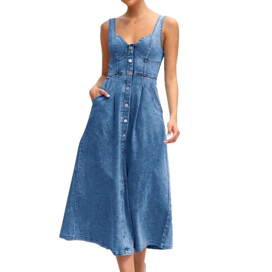Denim Dress for Women Summer Casual Sleeveless Midi Dress with Pockets Button Down A-Line