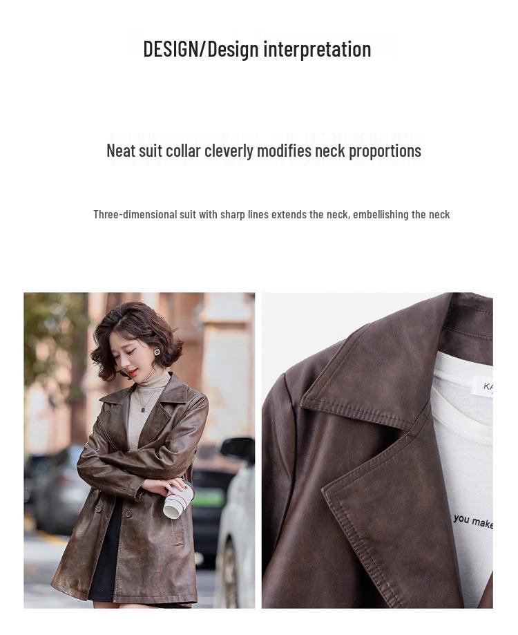 Women's PU Leather Trench Coat with Suit Collar, Double-Breasted, Mid-Length, Waist-Slimming for Spring/Autumn - Model YG82936.
