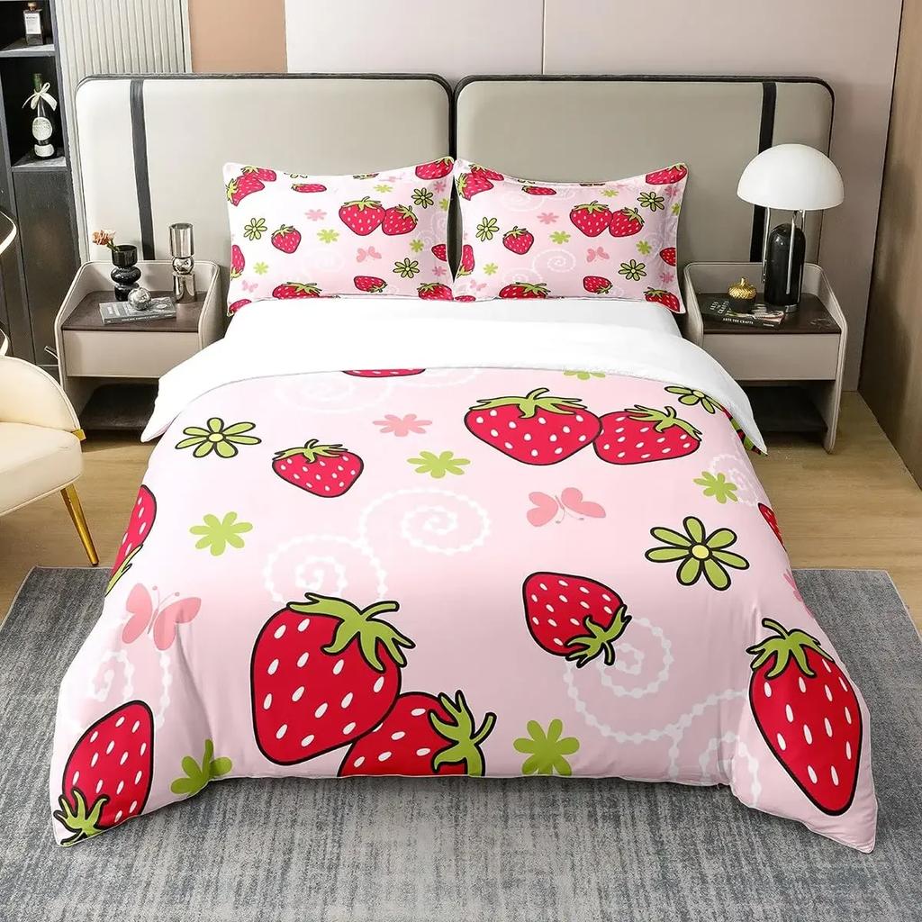 3Pcs Full Size Sweet Strawberry Bedding Set Duvet Cover for Kids Children Teens Comforter Cover Bed Room Decor Pink Quilt Cover