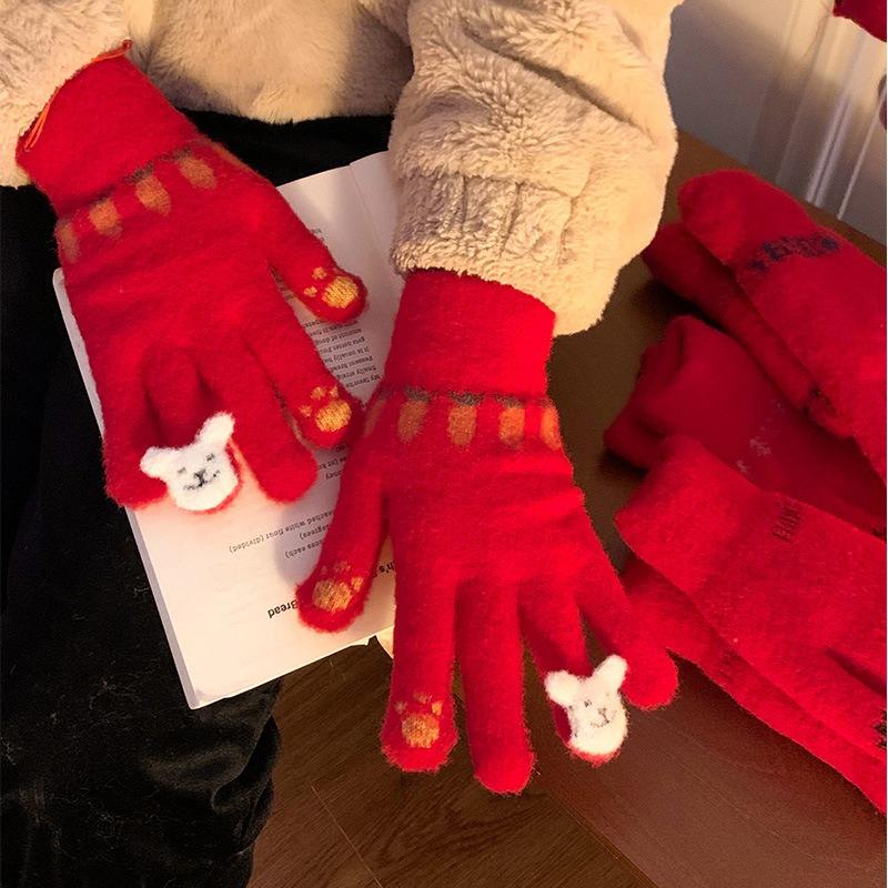 Christmas new cute red knitted gloves female autumn and winter finger velvet warm student riding windproof and cold