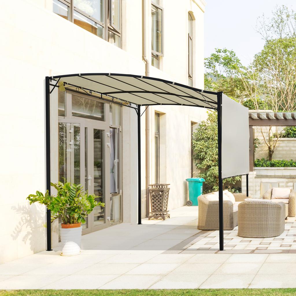 3 X 2.5m Patio Metal Gazebo Door Window Awning Wall Mount Canopy Outdoor Sunshade with Extended Shelter Cream White