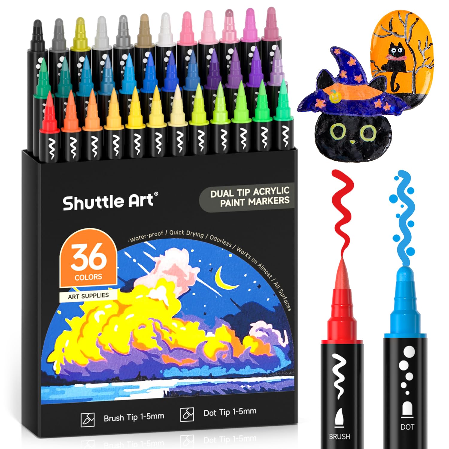 

Shuttle Art Acrylic Dot and Brush Tip Twin Pen 36 for Painting on and Perfect for DIY and Art Markers, Set, Colors, Water-Based, Quick-Drying,