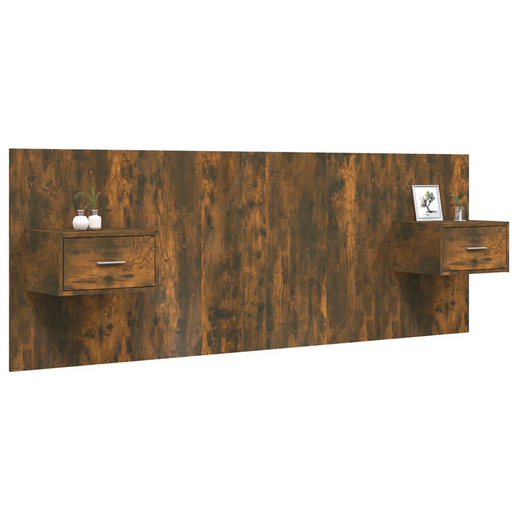 Headboard with Nightstands Smoked Oak Wood Based Material