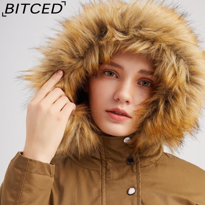 BITCED Fleece-Lined Cotton Coat with Hood and Fur Collar Winter Warmth Outerwear Plus Size Women's Cotton Jacket