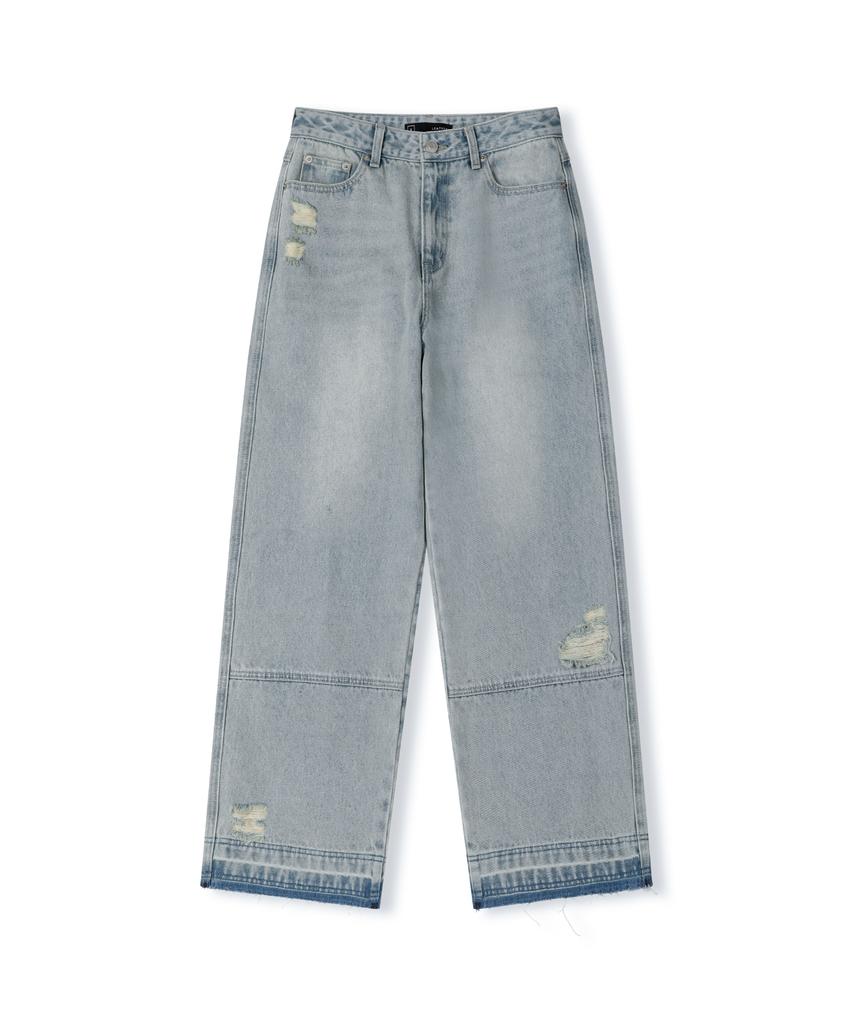 Ledeoli Unfolded Damaged Washed Denim Pants [Light Blue]
