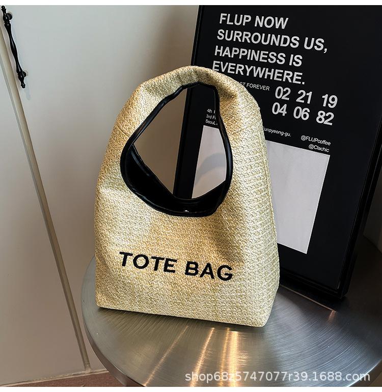 

2025 New Straw Shoulder Bag Female College Student Class Cloth Bag Large Capacity Woven Commuter Bag Hand Tote Bag чёрный