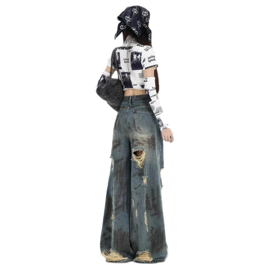 Comfortable Street Broken Holes Jeans Women Autumn Retro Loose Casual Washed Straight Wide Leg Pants Street Style Drag Floor Trousers Long Denim Pants