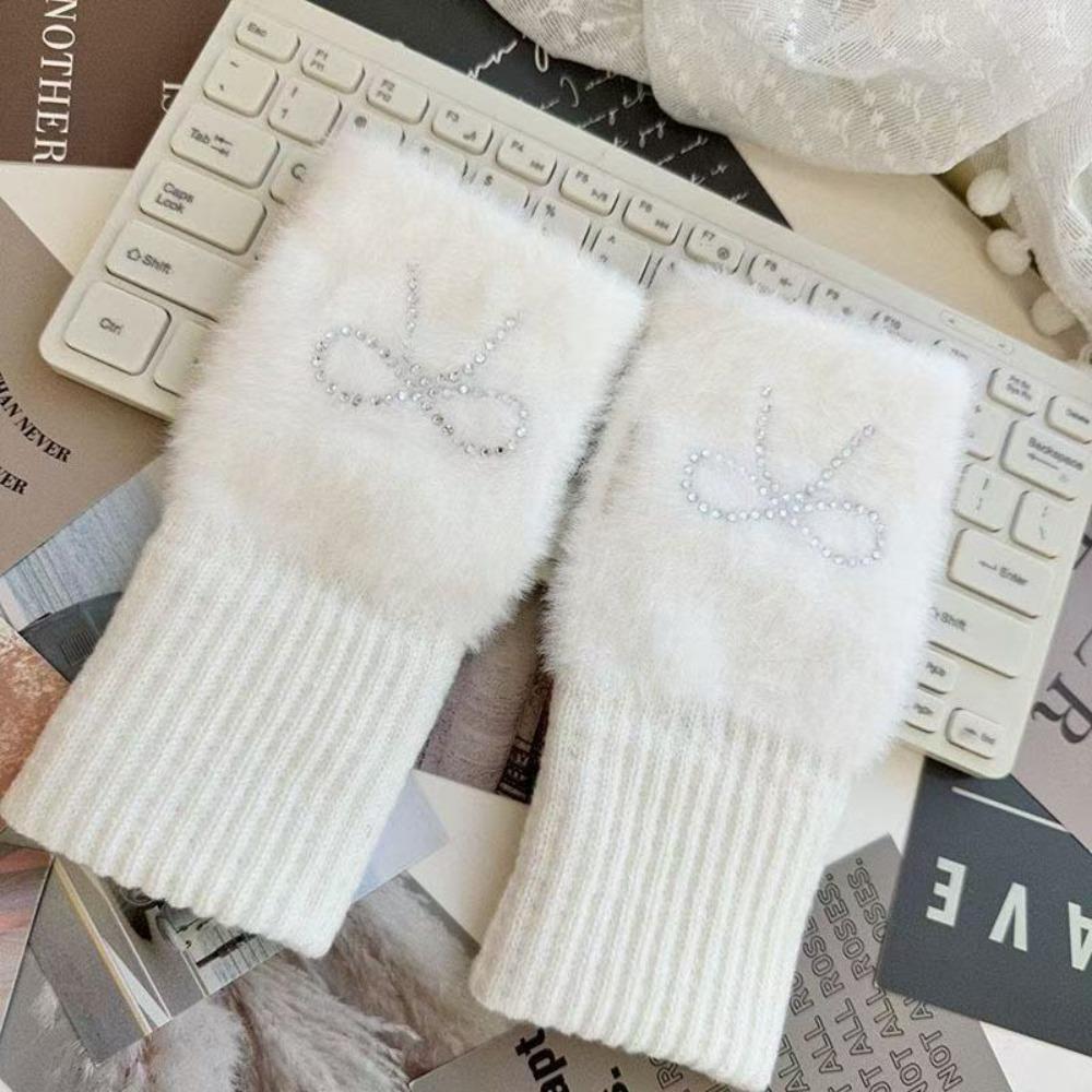 Plush Knitted Gloves Solid Color Half Finger Mittens Cute Bow Gloves  Girl