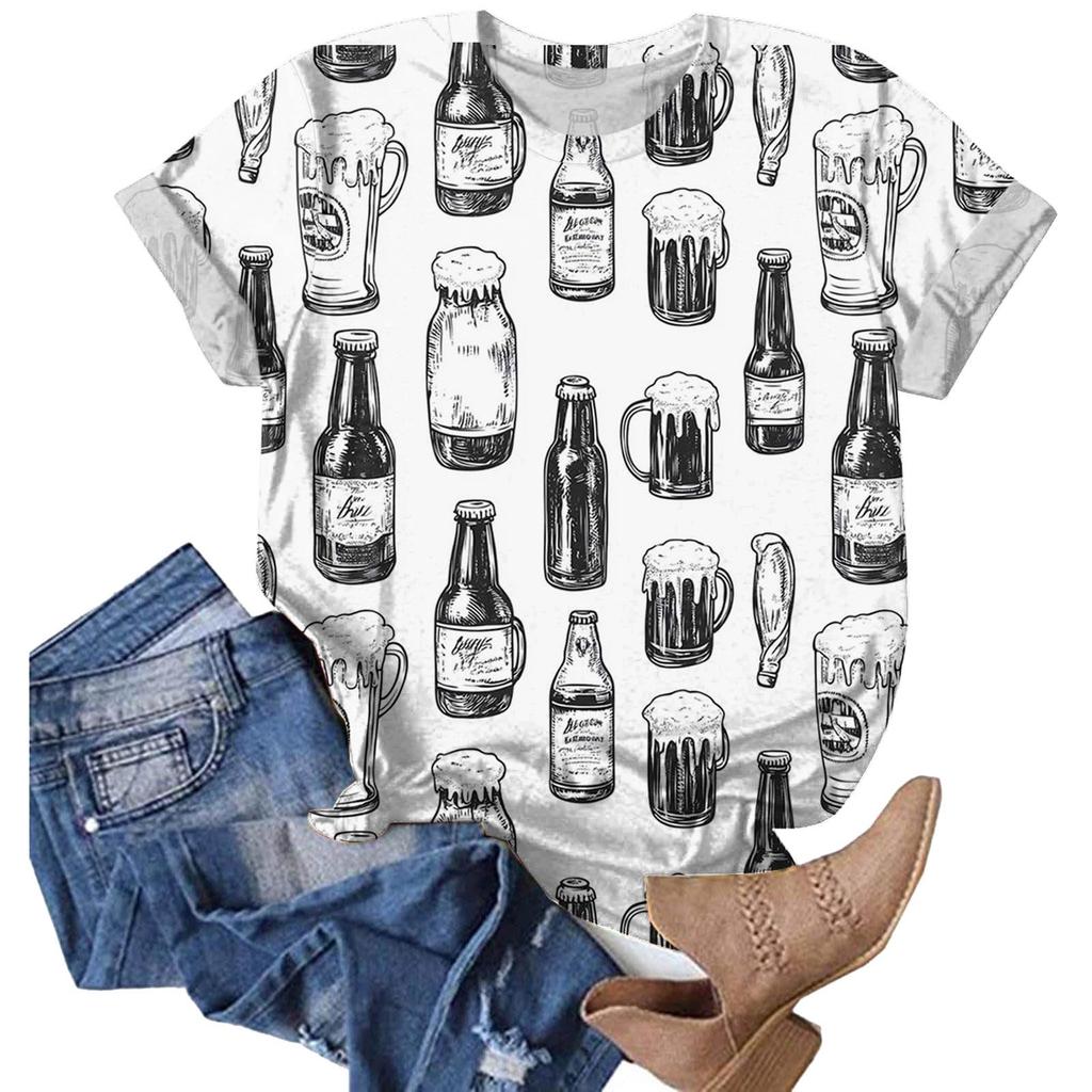 Women Casual Pullover T Shirt Oktoberfest Print Short Sleeve Crew Neck Top Lightweight Comfortable Fit Summer Tee