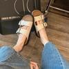 Cowhide version thick-soled slippers women's genuine leather flat-bottomed outer wear one-word belt buckle cool slippers Boken half slippers