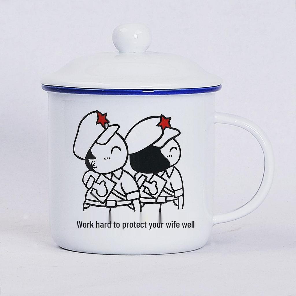 Retro Ceramic Mug with Lid: Nostalgic Imitation Enamel Design, Creative Office Tea Cup.