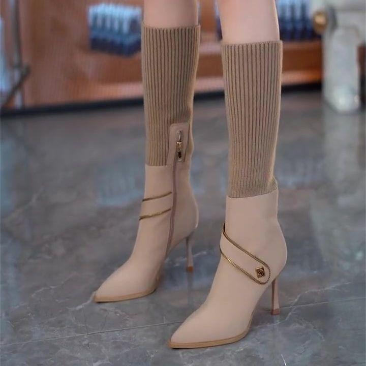 Elastic sleeve thin heel thin boots women's single boots 2025 autumn and winter zipper metal buckle with pointed high heel knight women's boots