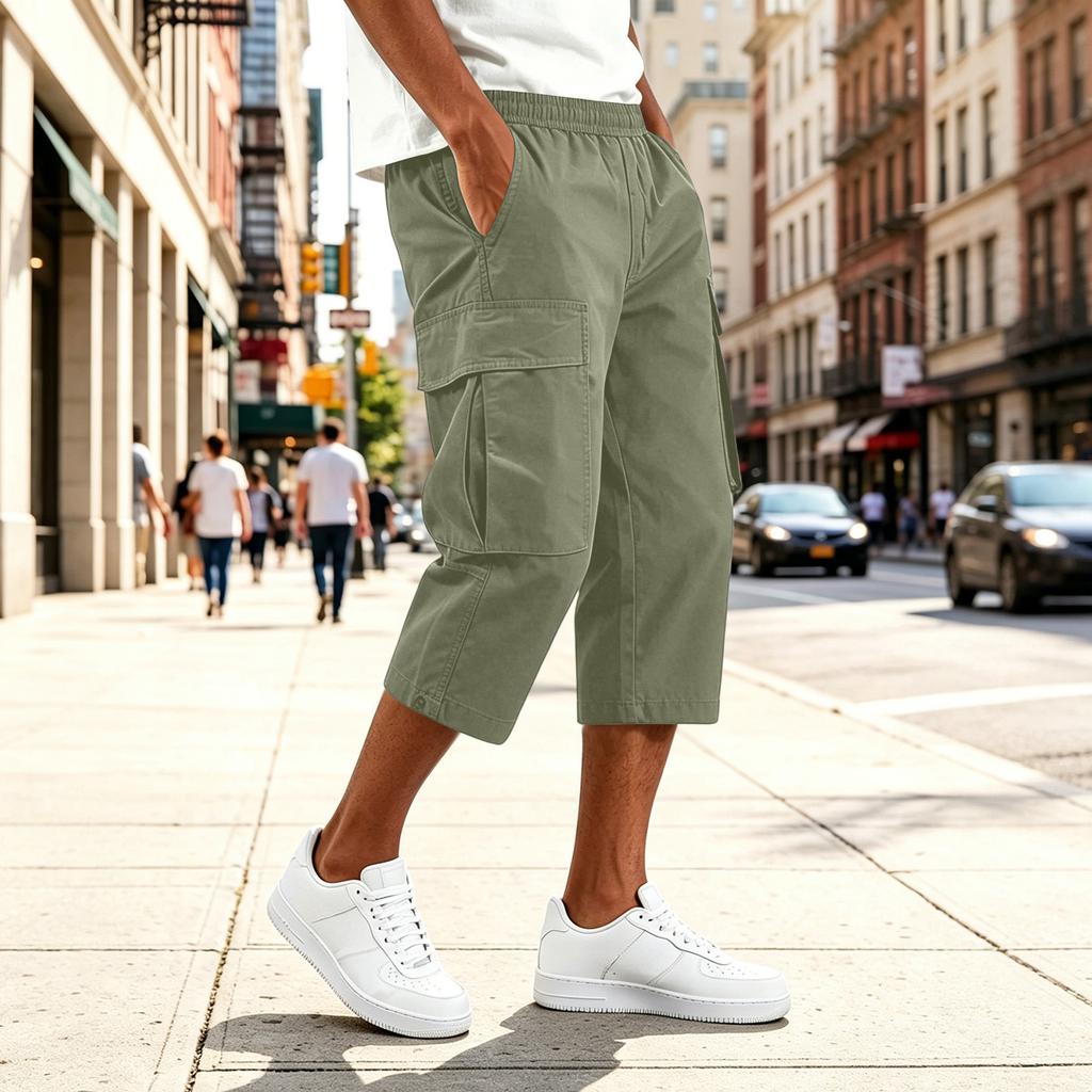 Men Drawstring Waist Multi Pocket Casual Capri Pants Loose Fit Knee Length Cargo Trousers for Outdoor Daily Wear
