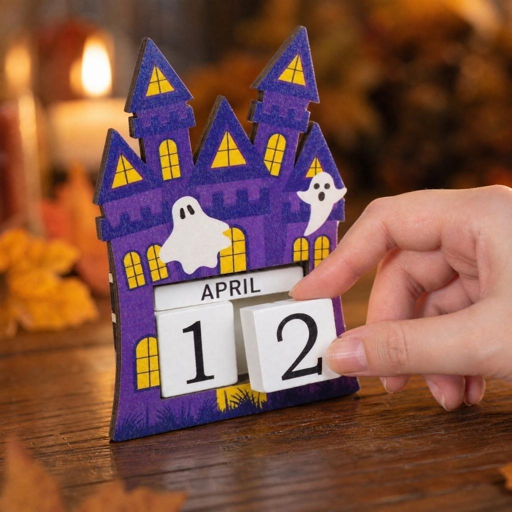 Wooden Halloween Countdown Calendar Decorative Ornament for Home Mantel Shelf