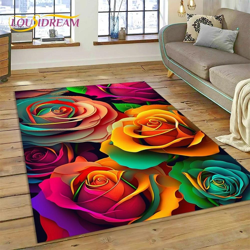 Růžové Květiny Severská Láska Romantický Koberec Kobereček do Ložnice Obývacího Pokoje Domácí Dekorace na Pohovku, Dětská Hra Velká Dekorativní Podložka na Podlahu