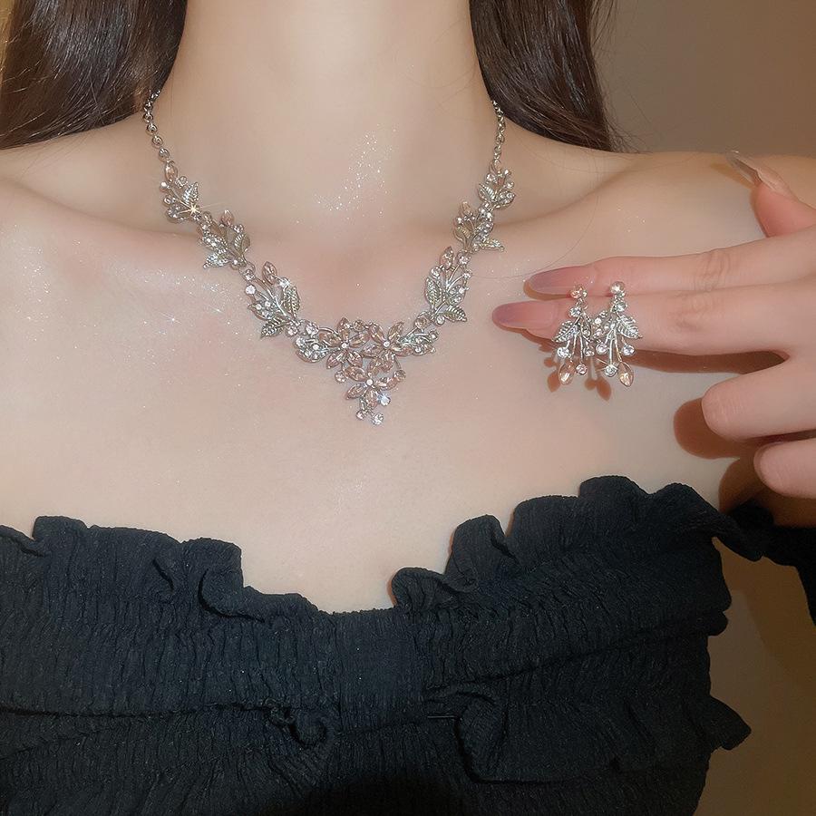Luxury Rhinestone Leaf Flower Clavicle Necklace & Earring Set for Women