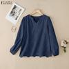 ZANZEA Women Casual V-Neck Long Sleeve Loose Lace Crochet Patchwork Blouse