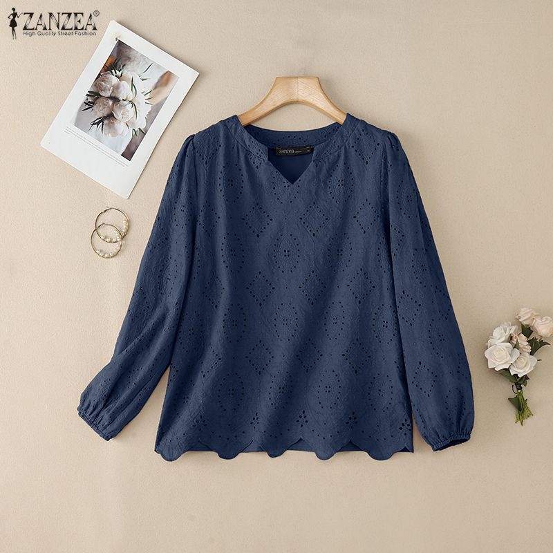 ZANZEA Women Casual V-Neck Long Sleeve Loose Lace Crochet Patchwork Blouse