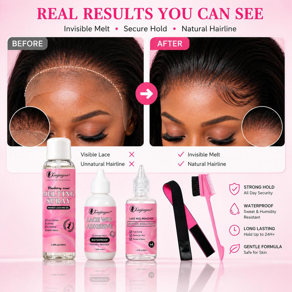 Lace Wig Installation Kit Waterproof No Residue Wig Glue Full Set Tools Quick Adhesion Long-Lasting Hold Black