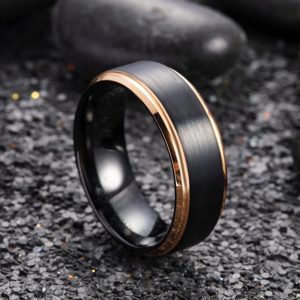 8mm Black Brushed Titanium Stainless Steel Rings for Men Rose Gold Color Step Edge Men Rings Wedding Engagement Jewelry