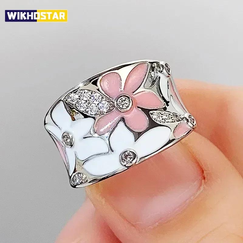 2025 Women's Wedding Party Beautiful Enamel Flower Ring New Silver European and American Style Luxury Zircon Jewelry Gift