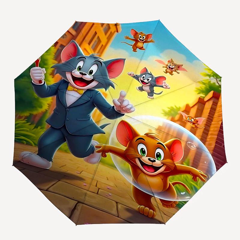 

1pc Tom and Jerry Automatic Folding Umbrella - Compact 8-Rib Design, Durable Plastic & Iron1117L