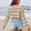 Spring/summer New Women's Pullover Patchwork Short Sleeve Crewneck Striped Knit Bikini Beach Cover-up