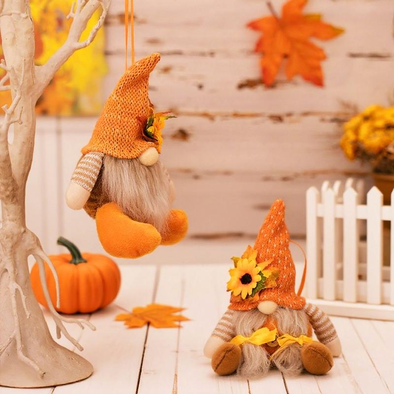 1Pair Fall Season Harvest Celebration Gnomes Figures Handmade Festival Dwarf Decoration for Office and Home Couple Gift