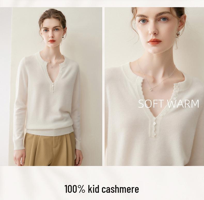Women's Pure Cashmere Scissor Collar Knit Sweater - Autumn/Winter Loose Pullover Base Layer