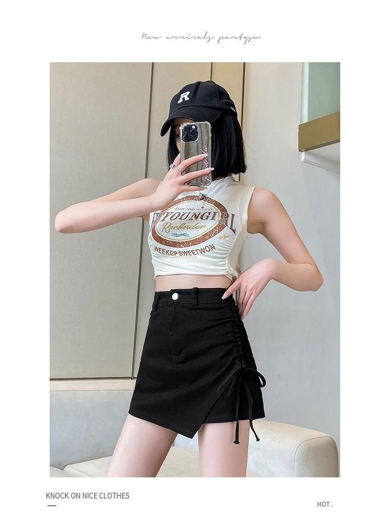 Summer Black High Waist Ruched Mini Skirt for Women - Slimming, Irregular A-Line Design, Polyester
