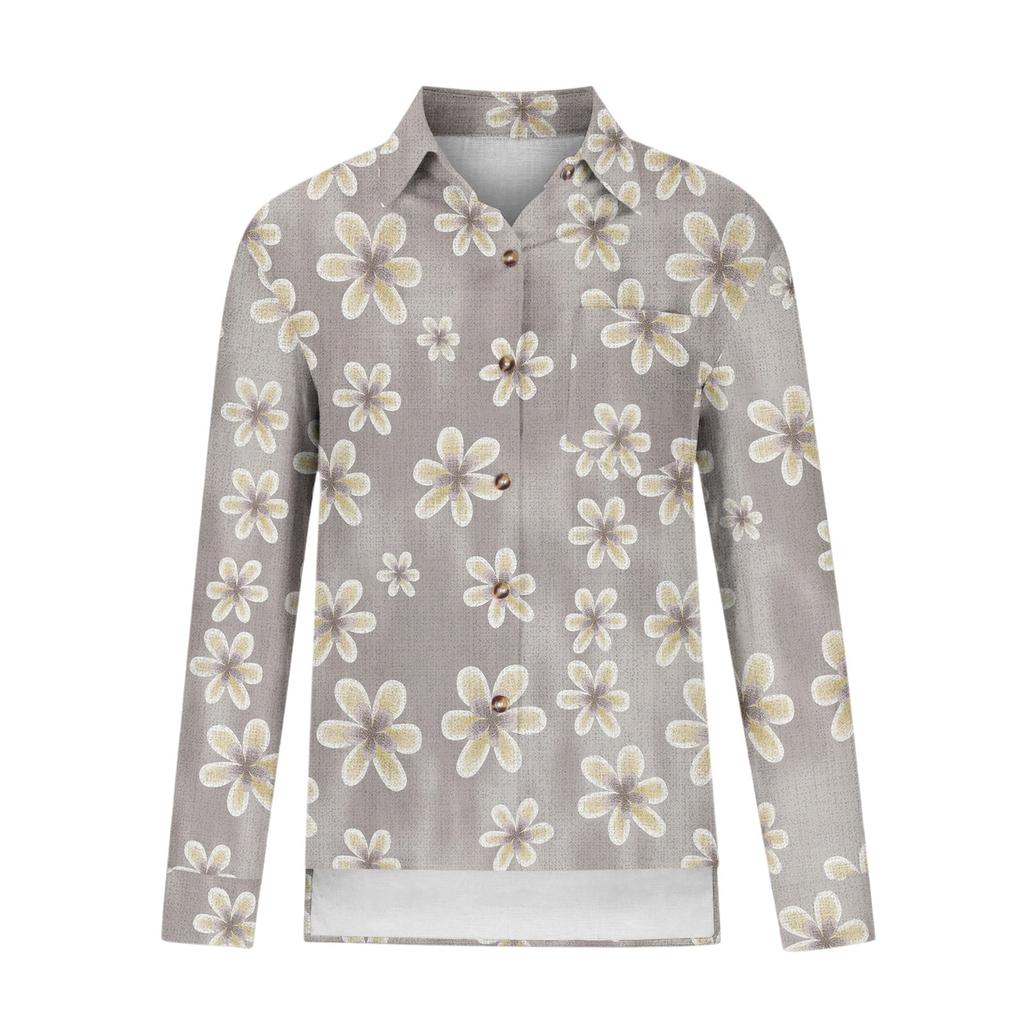 Women's Loose Floral Print Stand Collar Long Sleeve Cotton And Linen Top