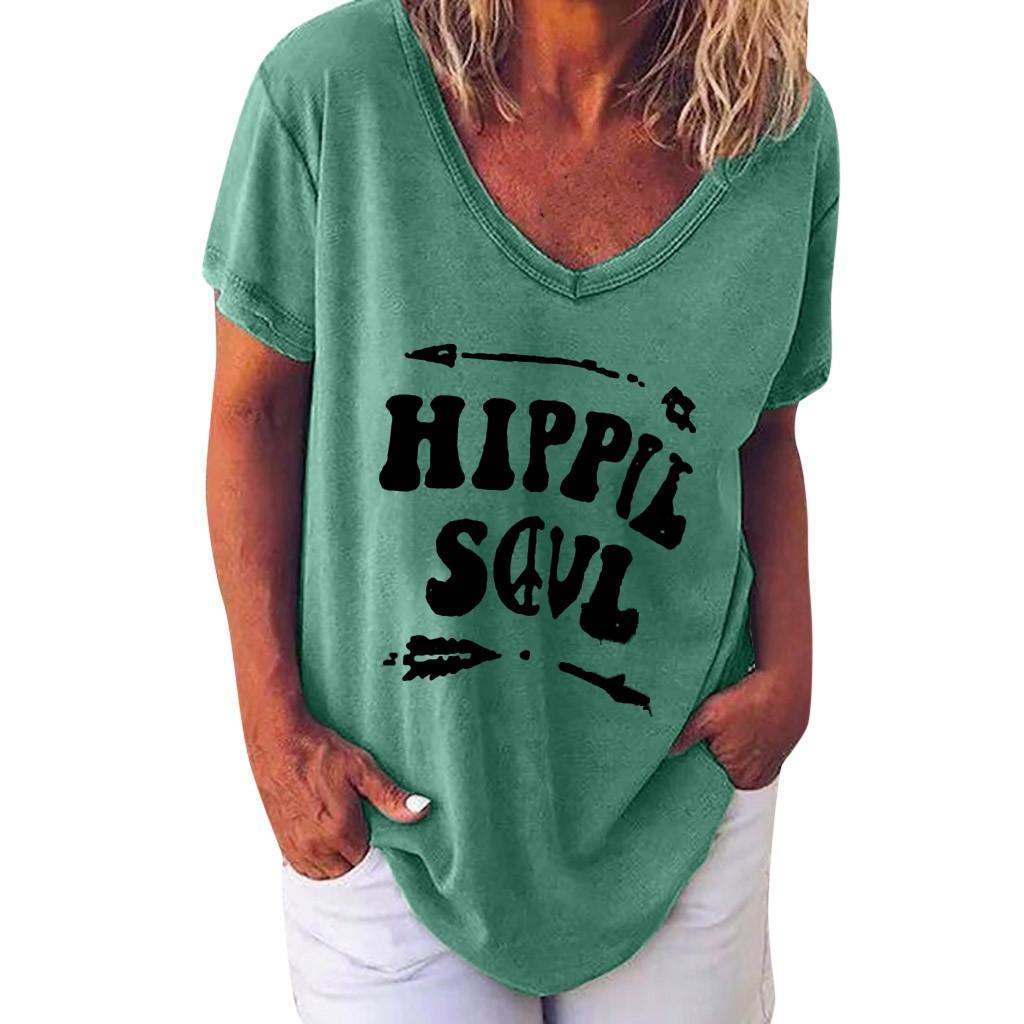 Womens Casual V T-shirt Short Sleeve Letter Print Blouse Tops Plus Size