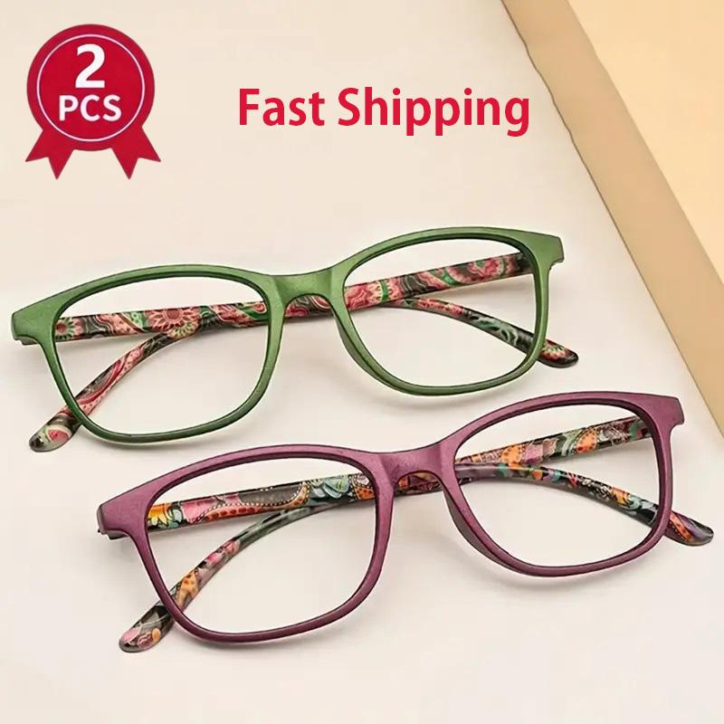 

2 Pcs Vintage Printed Reading Glasses TR Material Lightweight Durable Presbyopia Eyeglasses Blue Light Blocking Comfort Glasses +100