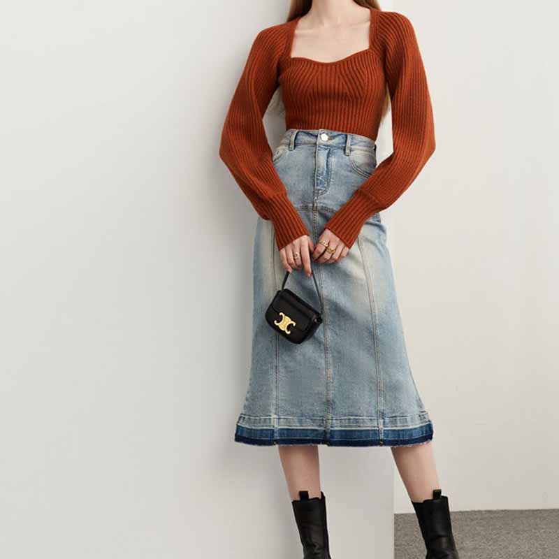 Literatura a umění Vintage Jednobarevné Tričko s čtvercovým výstřihem Dámský Podzimní a Zimní Volný Slim Svetr s dlouhým rukávem