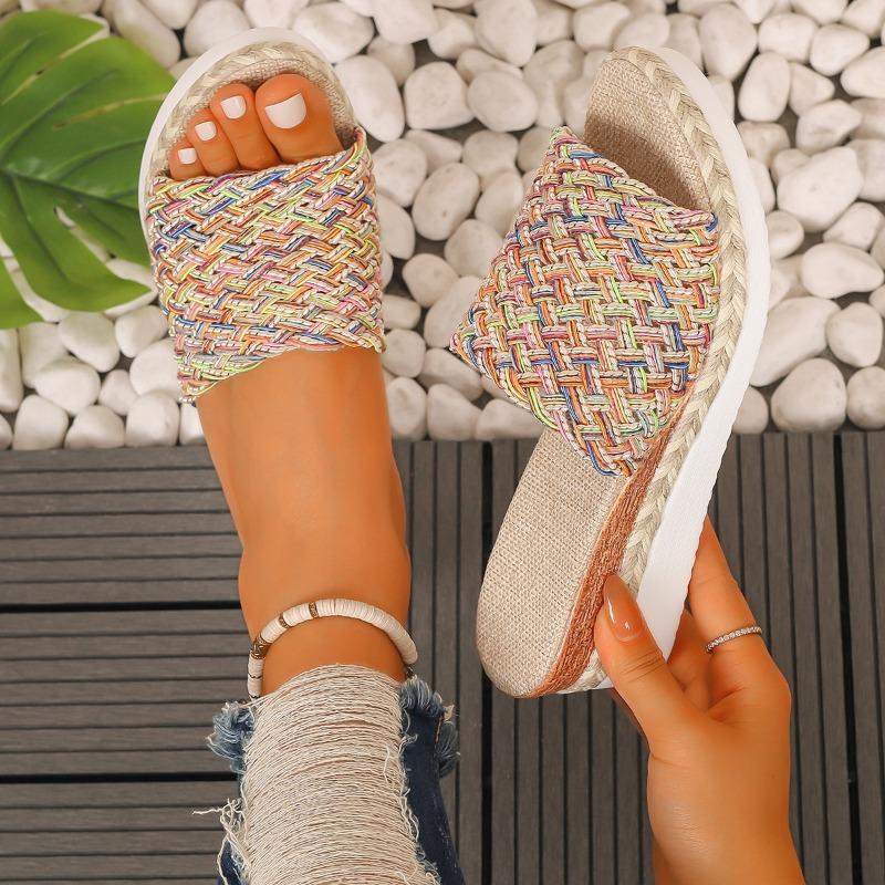 Summer new large-size women's thick-bottomed fish mouth with hemp rope colored wedge slippers