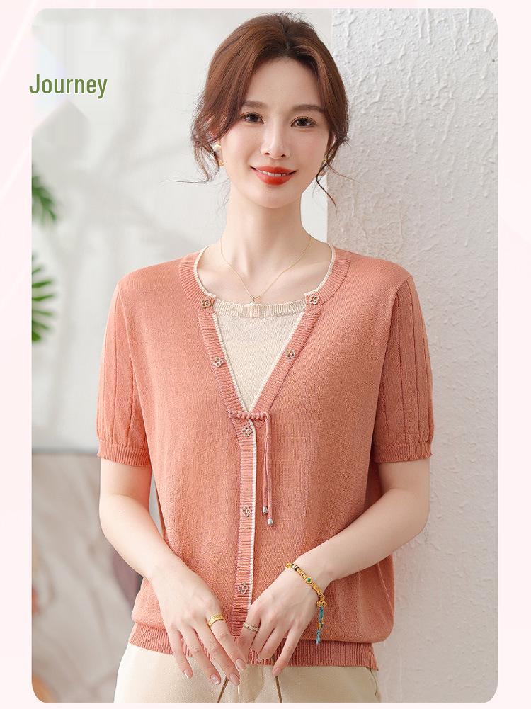 

Ice Silk Short-Sleeve T-shirt: Fashionable Two-Piece Top for Young Moms and Mature Women L (for 80-100 lbs)