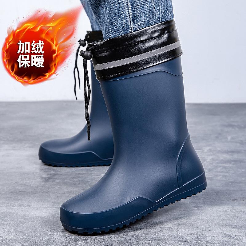 Water shoes high-end medium tube flat-soled rain shoes men's waterproof elastic bundle fixed cotton lint rain boots waterproof rubber shoes