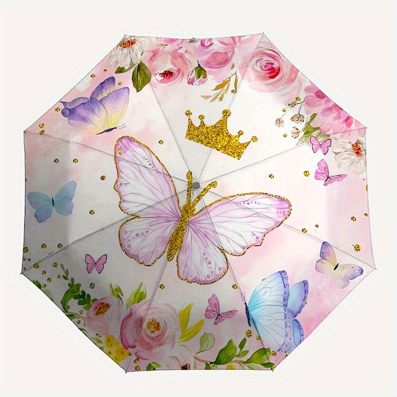 Butterfly Princess Automatic Folding Umbrella Simple 8 Rib Design, Bright Cartoon Pattern, Durable Iron Frame, Suitable For Travel, Outdoor