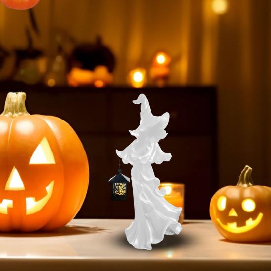 LED Witch Lantern Ornament Halloween Faceless Ghost Sculpture Holding Lantern Vintage Resin Witch Statue for Yard Patio Lawn Decor