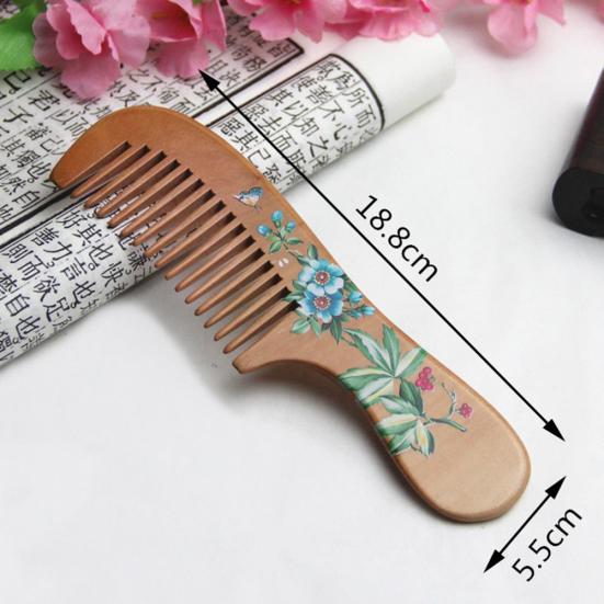 Painted Flower Peach Wood Healthy Scalp Comb Hair Massage Anti-Static Care Tool