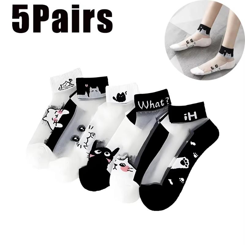 

5/10 Pairs/Set Women s Cartoon Cute Cat Ankle Socks Breathable Perfect for Everyday Fashion Kawaii Versatile Casua Short Middle One Size