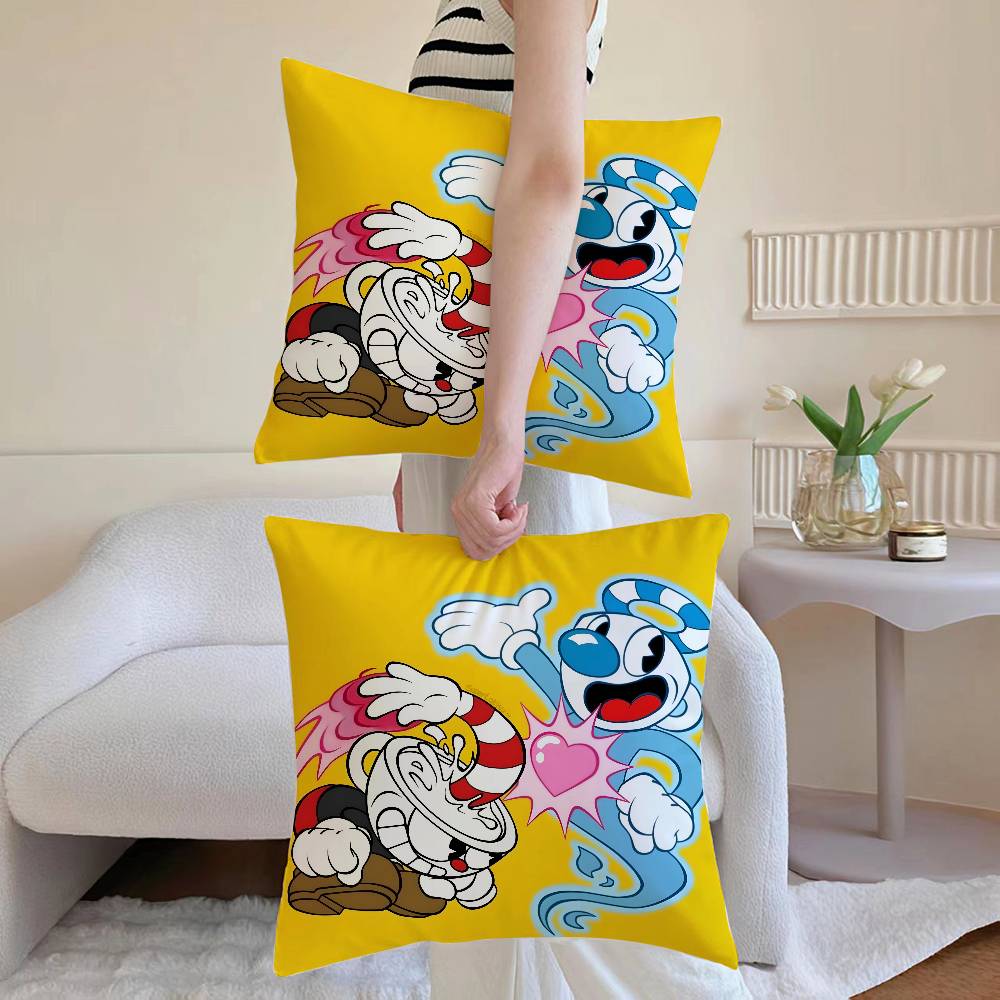 Cute CupHead And MugMan Square Pillow Cover, Sofa and Chair Cushion Cover, Room Home Decoration
