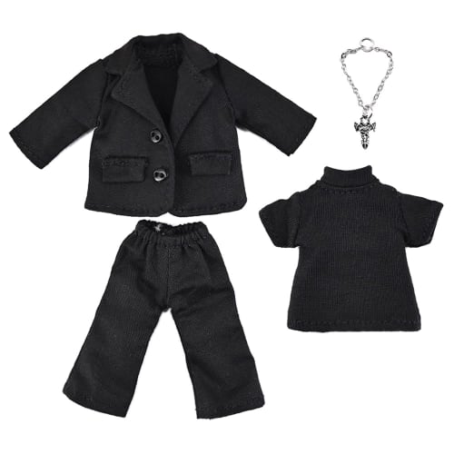 Obitsu 11 OB11 Size Outfit for Obitsu Dolls (11cm Body) Loose-Fitting Suit Set (Top and Bottoms, T-Shirt, Necklace) - 4-Piece Set (4 Colors) (Black A)