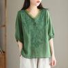 Women's Summer 2024 V-Neck Embroidered Three-Quarter Sleeve Cotton Linen Shirt