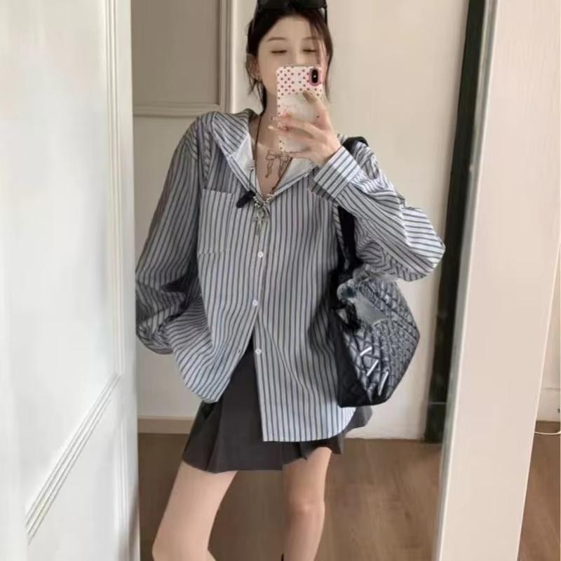 Striped Hooded Women's Long Sleeved Shirt Korean Style Loose Casual Shirts Spring Fashion Single Breasted Lady's Blouses