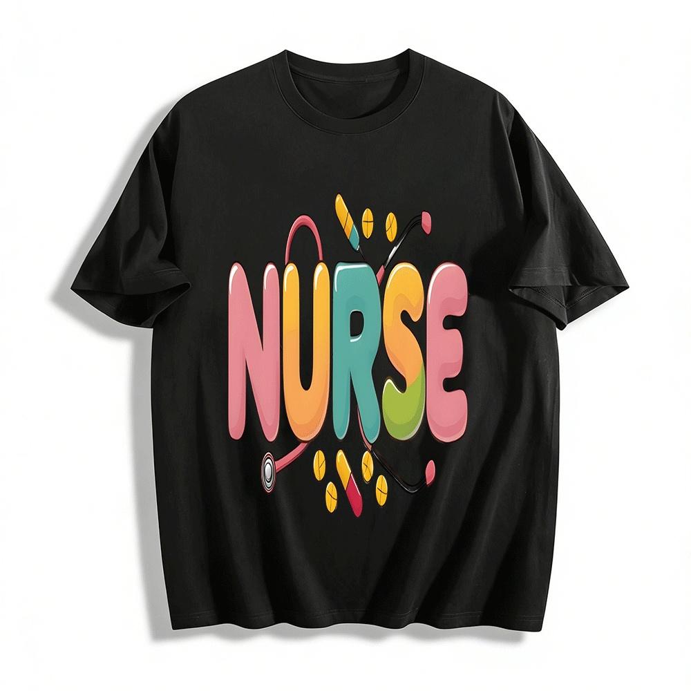 Cute Nurse Themed Printed T-Shirt Casual Short Sleeve For Medical Workers Pure cotton T-shirt XXS