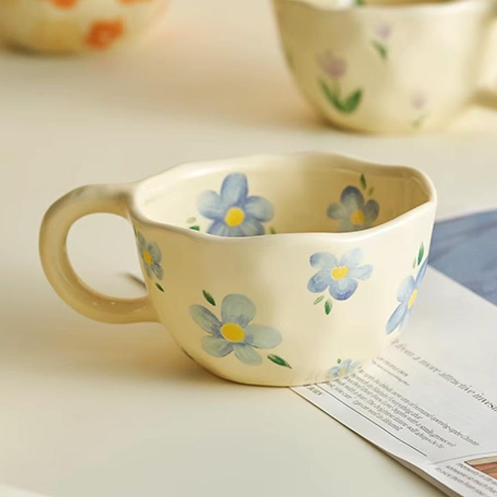 Ins Korean Style Ceramic Mugs Coffee Cups Hand Pinched Irregular Flower Milk Tea Cup Oatmeal Breakfast Mug Drinkware Kitchen